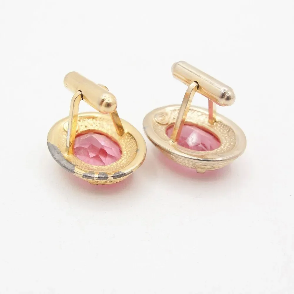 Vintage Swank Pink Glass Gold Tone Oval Cufflinks Mens Formal Wedding Groomsmen